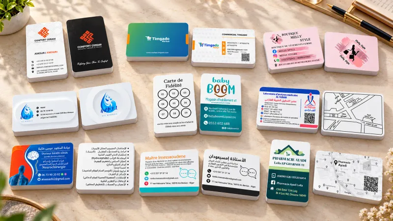 Neuf modèles de cartes de visite disposés en éventail
