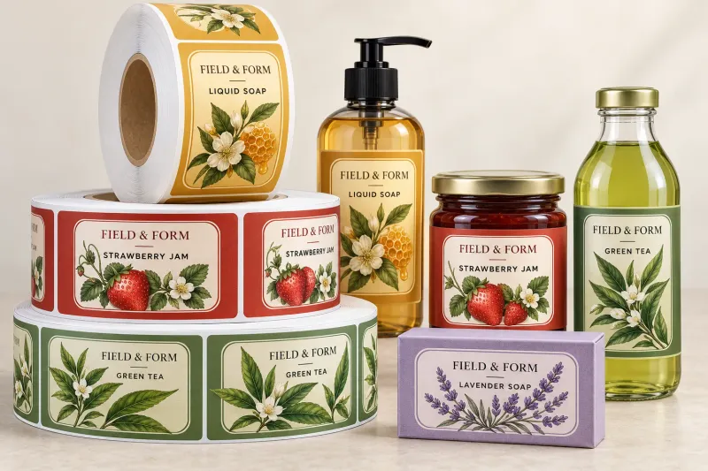 Étiquettes adhésives Field & Form en rouleaux et posées sur flacons et pots