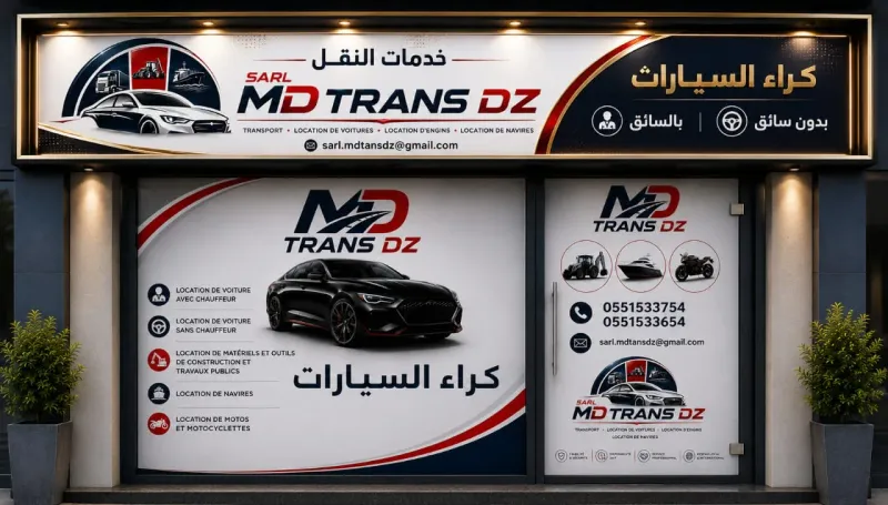 Habillage de vitrine et enseigne pour MD Trans DZ, location de voitures