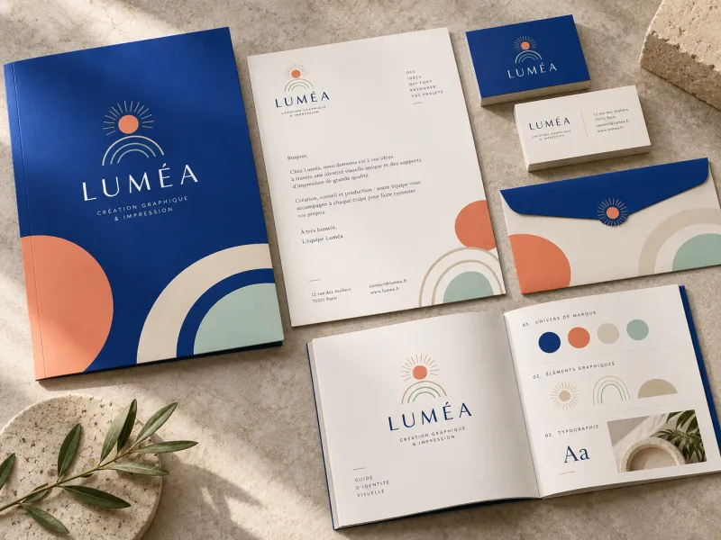 Identité visuelle LUMÉA sur cartes, papier à en-tête et enveloppes