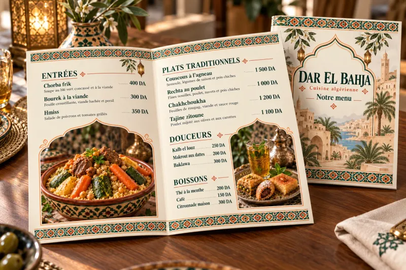 Menu de restaurant ouvert avec des plats en photo