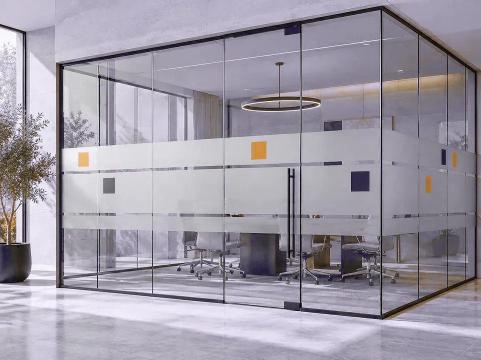 Salle de réunion vitrée dont les parois portent une bande de film dépoli à mi-hauteur, ornée de carrés orange et bleu foncé